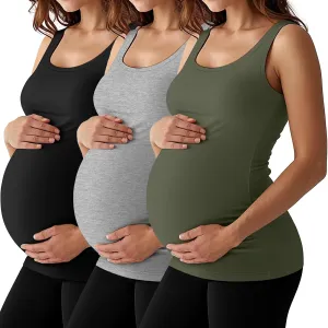 3 Pack Maternity Tank Tops Pregnancy Sleeveless Yoga Workout Cotton Shirts Scoop Neck Racer Back Athletic Tees