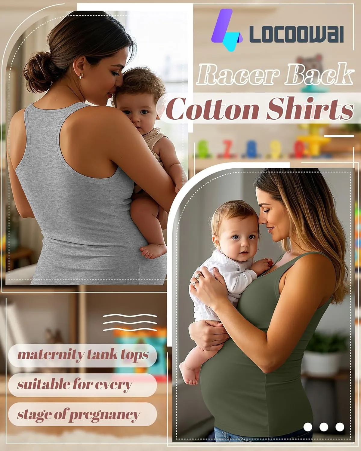 3 Pack Maternity Tank Tops Pregnancy Sleeveless Yoga Workout Cotton Shirts Scoop Neck Racer Back Athletic Tees