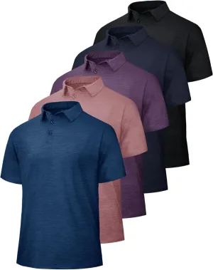 5 Pack Polo Shirts for Men - Quick Dry Moisture Wicking Performance Short Sleeve Mens Golf Shirts for Work Athletic