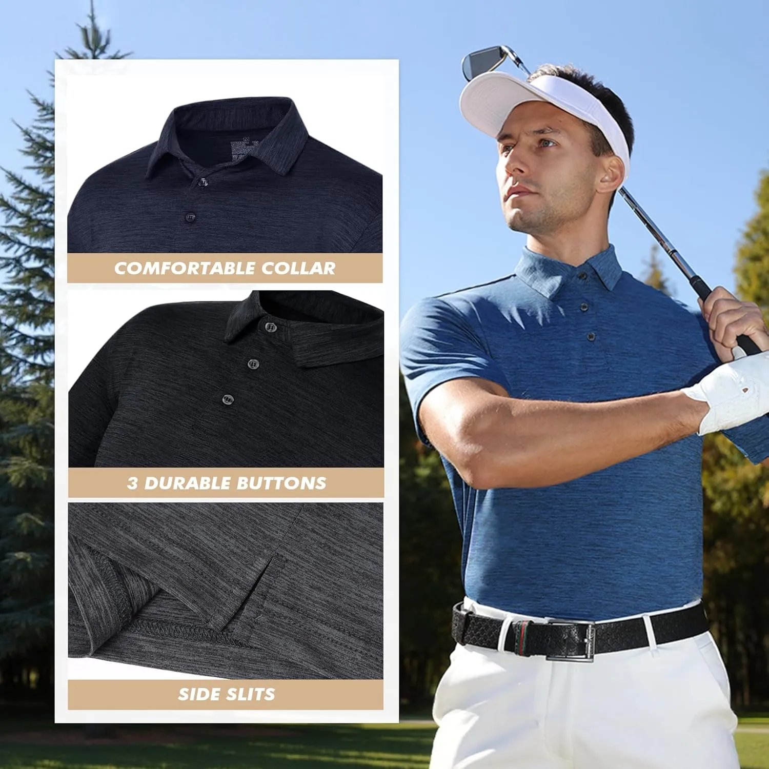 5 Pack Polo Shirts for Men - Quick Dry Moisture Wicking Performance Short Sleeve Mens Golf Shirts for Work Athletic
