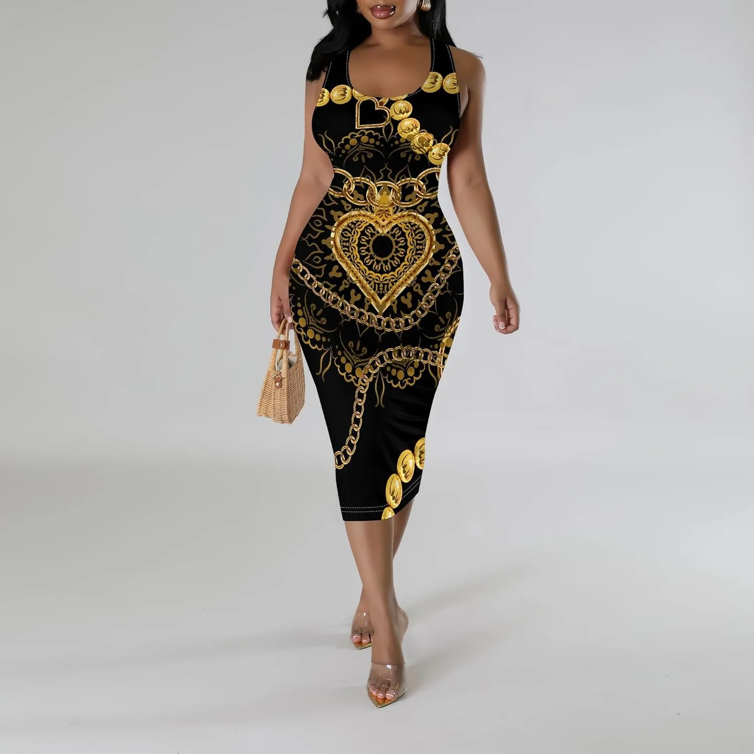 African Print Women's Summer Casual Sexy Sleeveless Bodycon Tank Dress Basic Pencil Midi Club Dresses Vacation Beach Sundress
