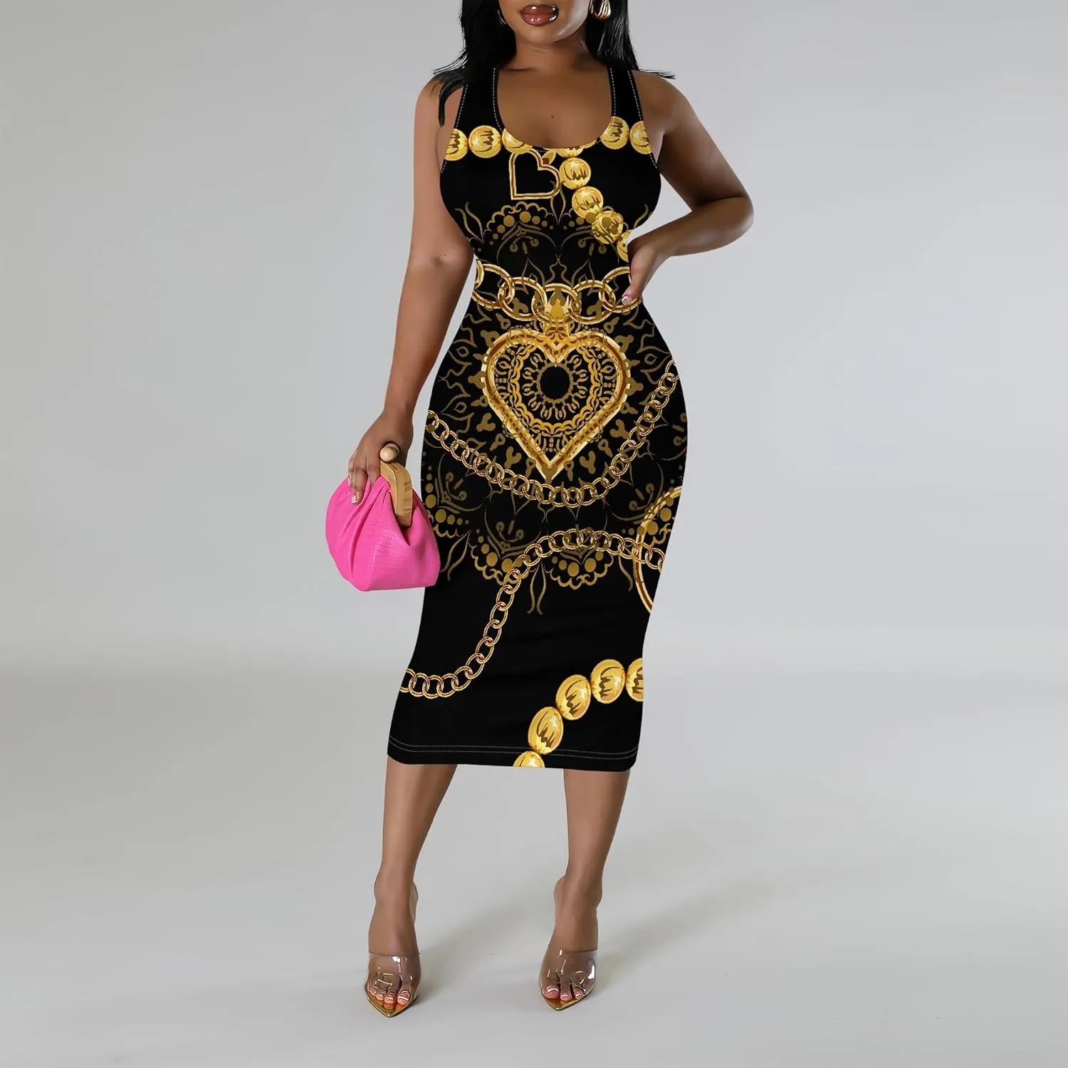 African Print Women's Summer Casual Sexy Sleeveless Bodycon Tank Dress Basic Pencil Midi Club Dresses Vacation Beach Sundress