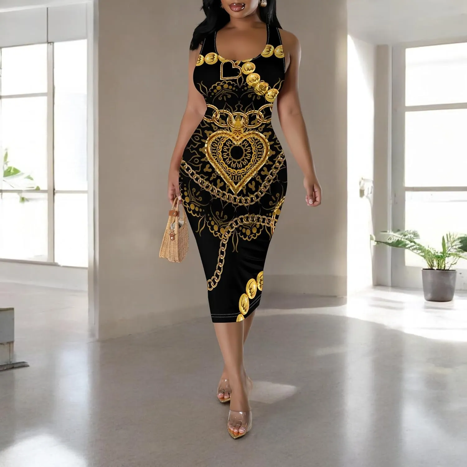African Print Women's Summer Casual Sexy Sleeveless Bodycon Tank Dress Basic Pencil Midi Club Dresses Vacation Beach Sundress