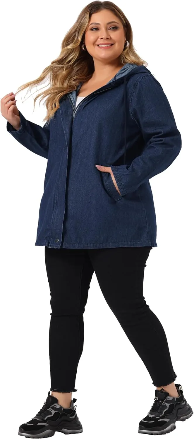 Agnes Orinda Plus Size Denim Jackets with Hood for Women Layered Drawstring Utility Pockets Jean Jacket