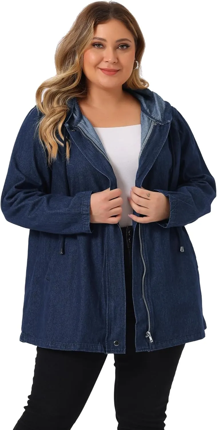 Agnes Orinda Plus Size Denim Jackets with Hood for Women Layered Drawstring Utility Pockets Jean Jacket
