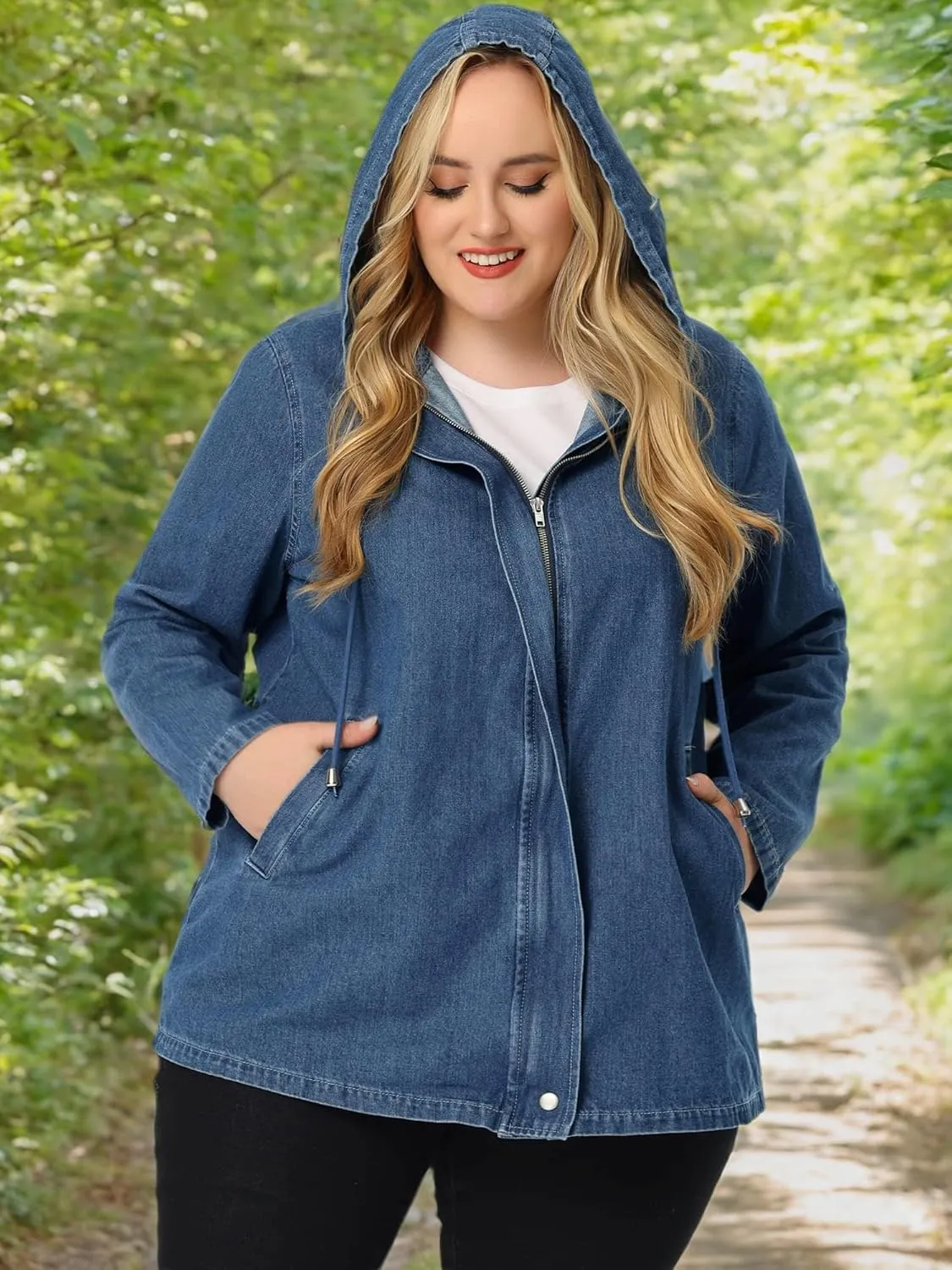 Agnes Orinda Plus Size Denim Jackets with Hood for Women Layered Drawstring Utility Pockets Jean Jacket