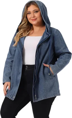 Agnes Orinda Plus Size Denim Jackets with Hood for Women Layered Drawstring Utility Pockets Jean Jacket