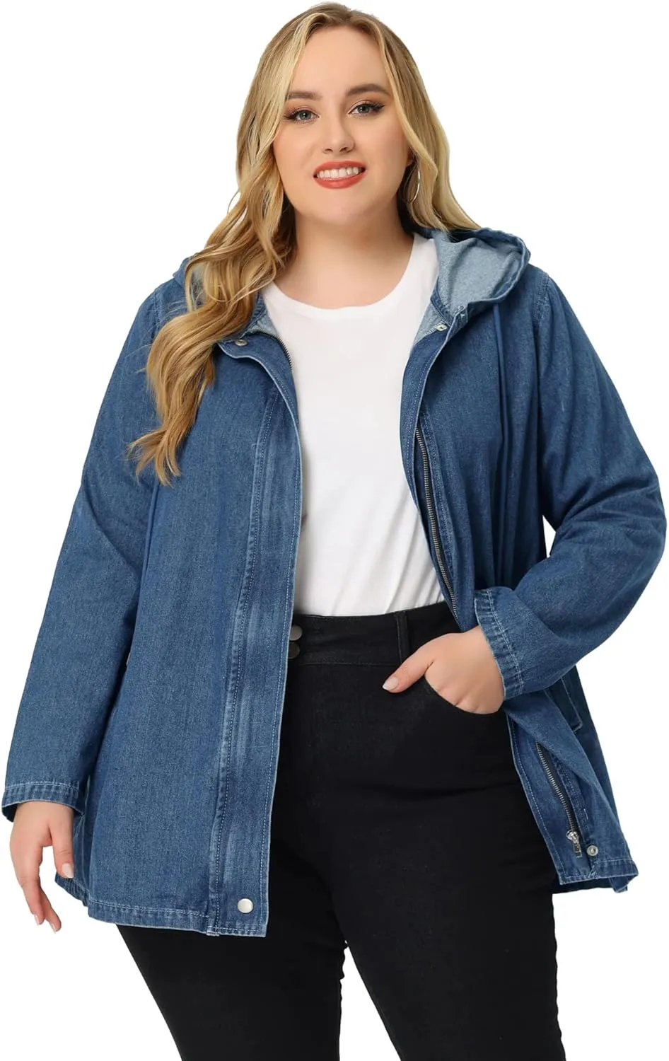 Agnes Orinda Plus Size Denim Jackets with Hood for Women Layered Drawstring Utility Pockets Jean Jacket