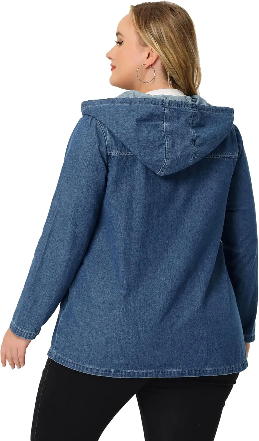 Agnes Orinda Plus Size Denim Jackets with Hood for Women Layered Drawstring Utility Pockets Jean Jacket