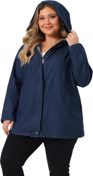 Agnes Orinda Plus Size Denim Jackets with Hood for Women Layered Drawstring Utility Pockets Jean Jacket