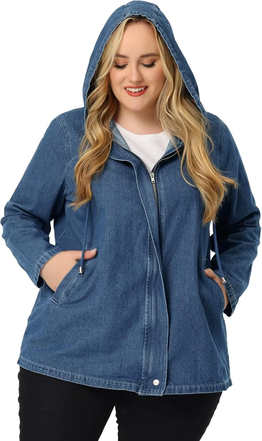 Agnes Orinda Plus Size Denim Jackets with Hood for Women Layered Drawstring Utility Pockets Jean Jacket