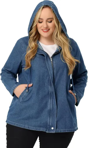 Agnes Orinda Plus Size Denim Jackets with Hood for Women Layered Drawstring Utility Pockets Jean Jacket