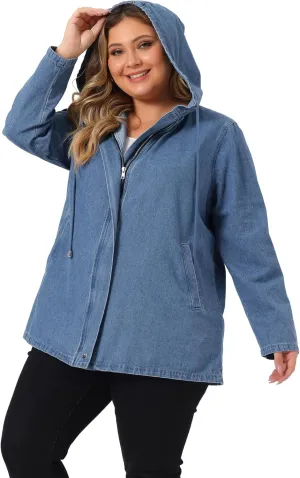 Agnes Orinda Plus Size Denim Jackets with Hood for Women Layered Drawstring Utility Pockets Jean Jacket