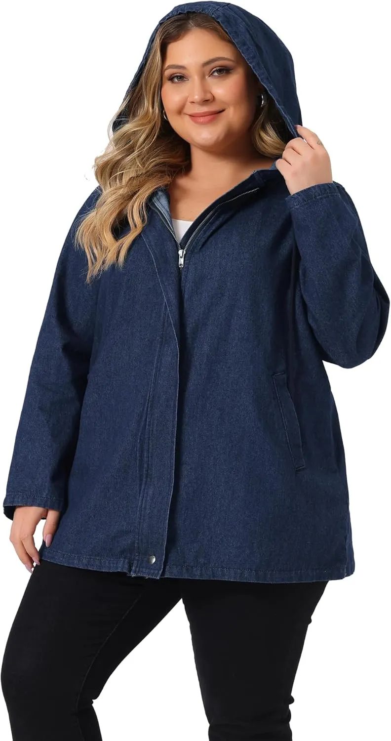 Agnes Orinda Plus Size Denim Jackets with Hood for Women Layered Drawstring Utility Pockets Jean Jacket