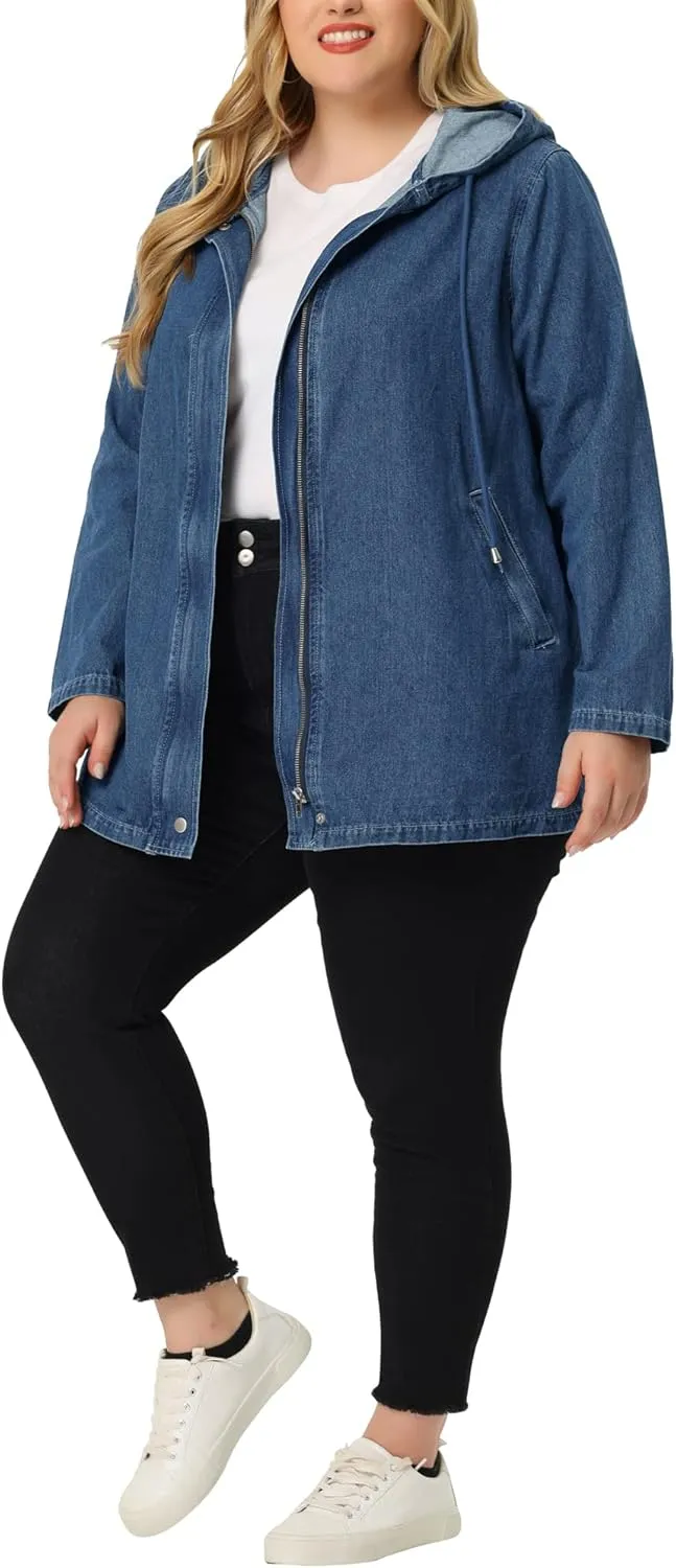 Agnes Orinda Plus Size Denim Jackets with Hood for Women Layered Drawstring Utility Pockets Jean Jacket