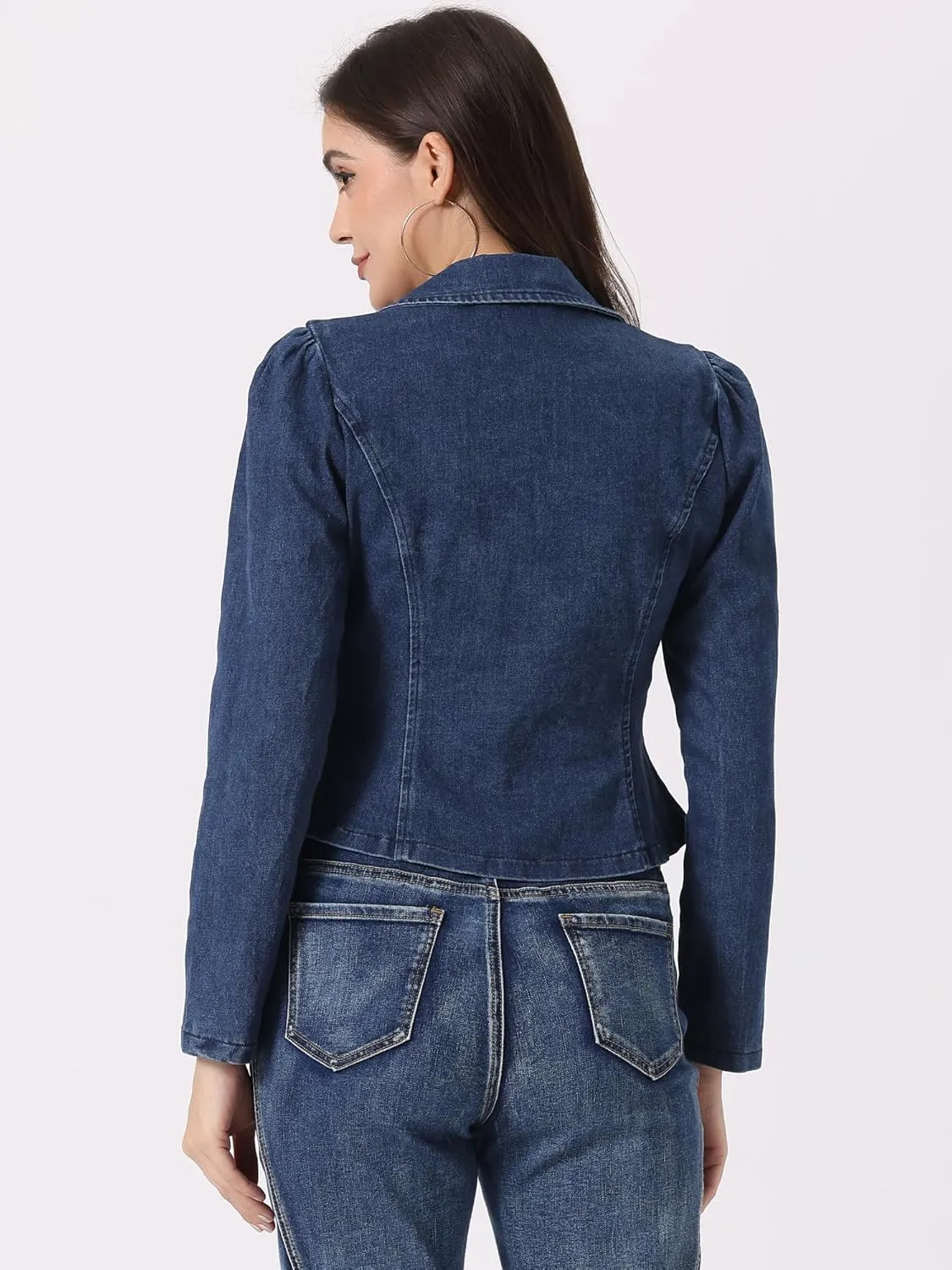 Allegra K Washed Denim Blazer for Women's Notched Lapel One Button Long Sleeve Jean Jackets