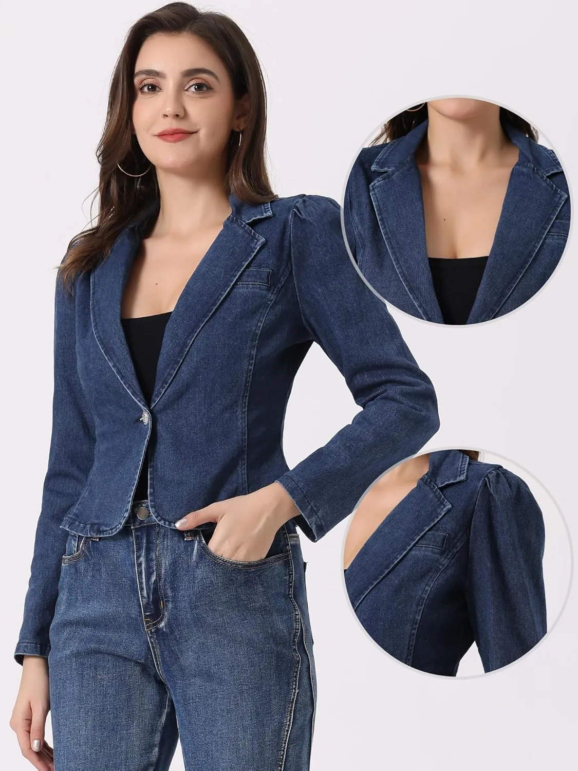 Allegra K Washed Denim Blazer for Women's Notched Lapel One Button Long Sleeve Jean Jackets