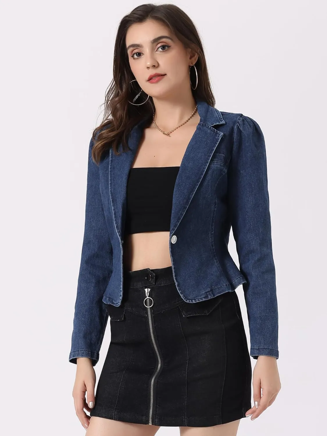 Allegra K Washed Denim Blazer for Women's Notched Lapel One Button Long Sleeve Jean Jackets
