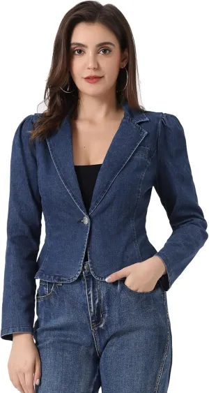 Allegra K Washed Denim Blazer for Women's Notched Lapel One Button Long Sleeve Jean Jackets