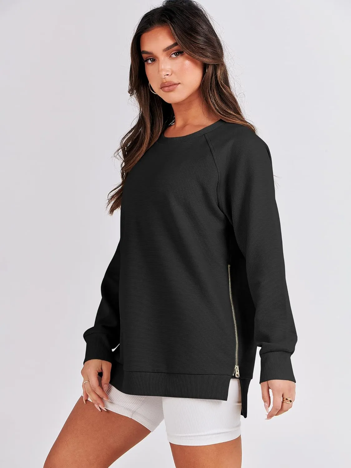 ANRABESS Women's Oversized Sweatshirts Crewneck Long Sleeve Tunic Pullover Shirts Side Zipper Hoodies 2025 Fall Clothes