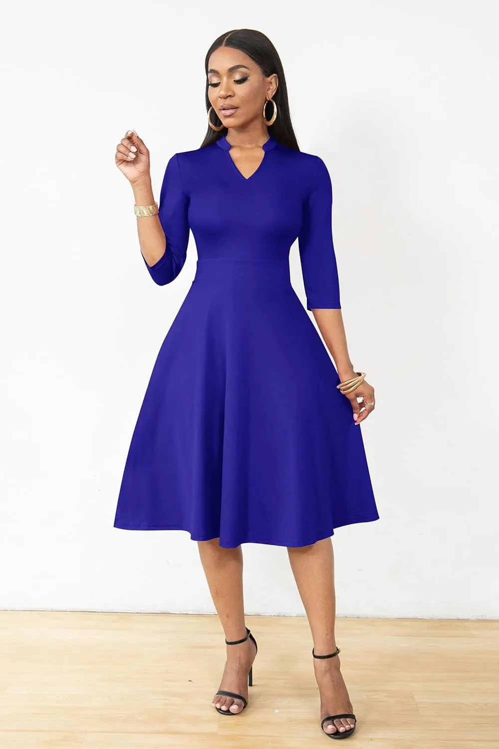 AOMONI Church Dresses for Women 3/4 Sleeve Fit and Flare Church Dress Knee Length Midi Dresses