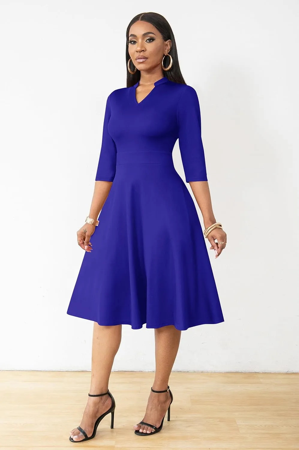 AOMONI Church Dresses for Women 3/4 Sleeve Fit and Flare Church Dress Knee Length Midi Dresses