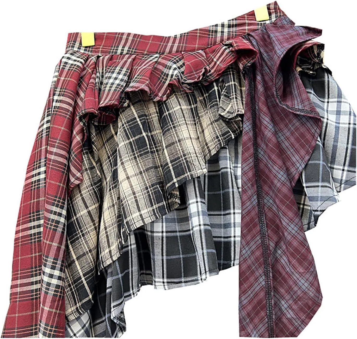 BAIMORE Women's Y2k High Waist Plaid Patchwork Tiered Pleated Asymmetrical Hem Mini Skirt