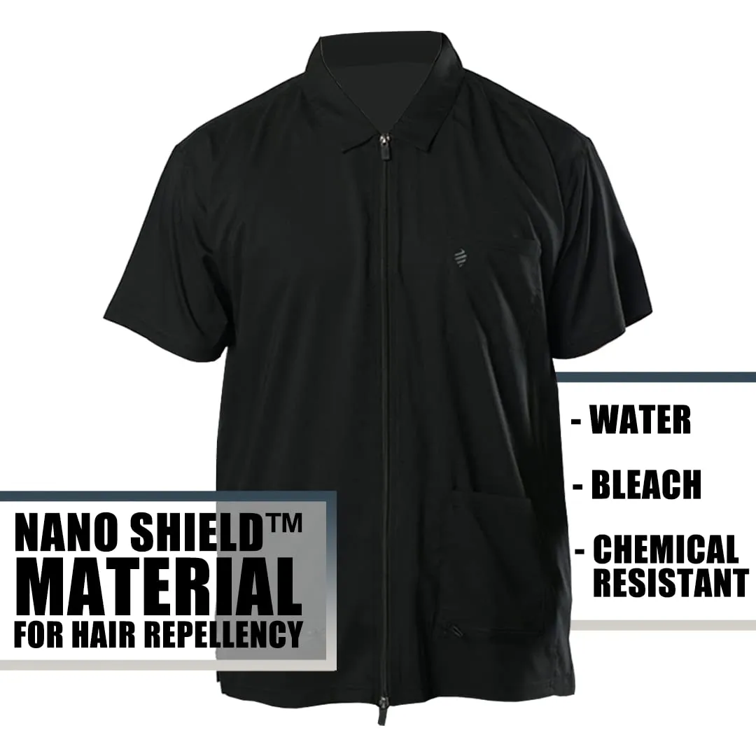 Barber Strong Barber Jacket, Men's Black, Hair Repellent, Lightweight and Breathable Vented Side Panels, Features Easy Hair Removal and 2-Way Zipper Closure, 2X, Great for Pet Grooming