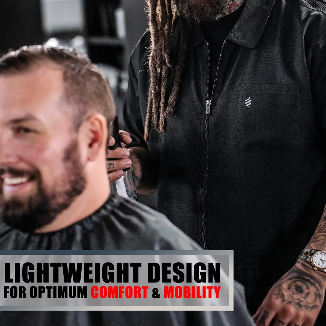 Barber Strong Barber Jacket, Men's Black, Hair Repellent, Lightweight and Breathable Vented Side Panels, Features Easy Hair Removal and 2-Way Zipper Closure, 2X, Great for Pet Grooming