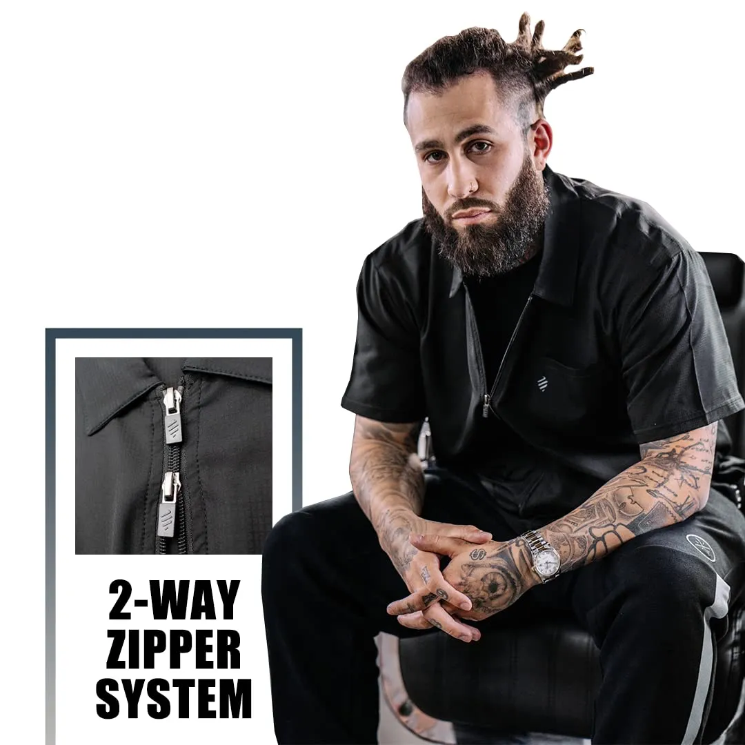 Barber Strong Barber Jacket, Men's Black, Hair Repellent, Lightweight and Breathable Vented Side Panels, Features Easy Hair Removal and 2-Way Zipper Closure, 2X, Great for Pet Grooming