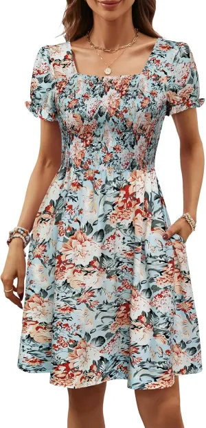 Berydress Women's Summer Dresses 2025 Pockets Short Sleeve Square Neck Flowy A Line Casual Boho Smocked Mini Sun Dress
