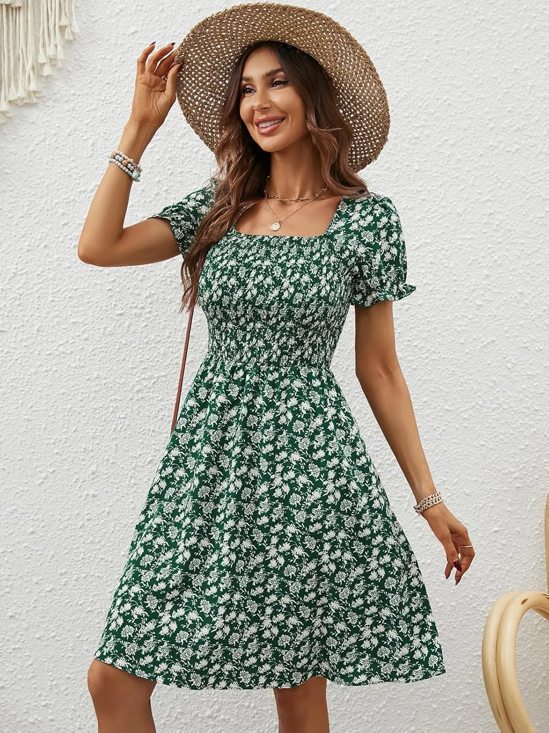 Berydress Women's Summer Dresses 2025 Pockets Short Sleeve Square Neck Flowy A Line Casual Boho Smocked Mini Sun Dress