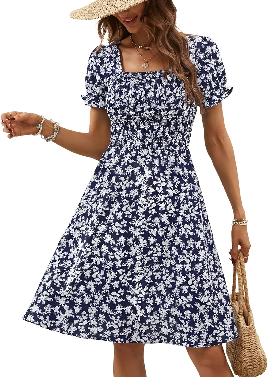 Berydress Women's Summer Dresses 2025 Pockets Short Sleeve Square Neck Flowy A Line Casual Boho Smocked Mini Sun Dress