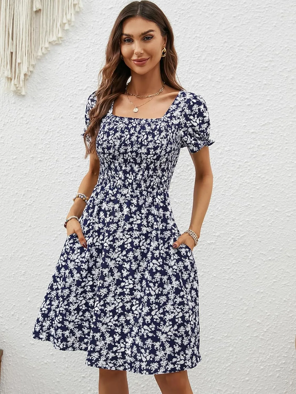 Berydress Women's Summer Dresses 2025 Pockets Short Sleeve Square Neck Flowy A Line Casual Boho Smocked Mini Sun Dress