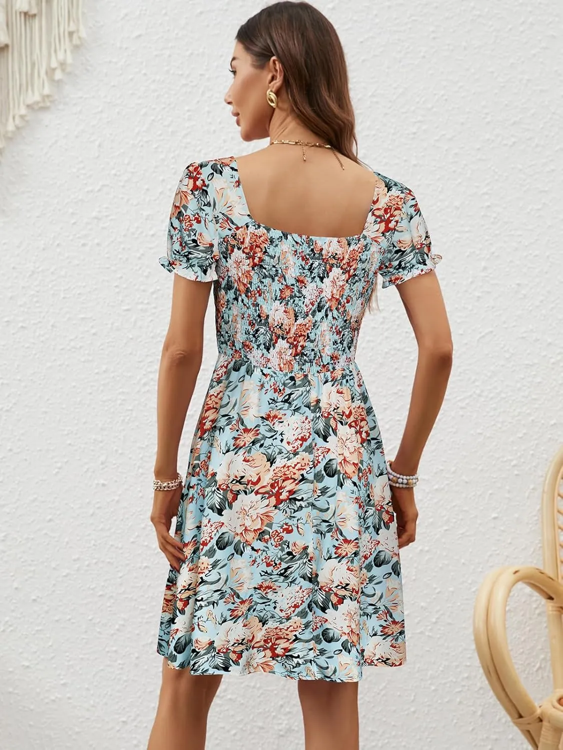Berydress Women's Summer Dresses 2025 Pockets Short Sleeve Square Neck Flowy A Line Casual Boho Smocked Mini Sun Dress