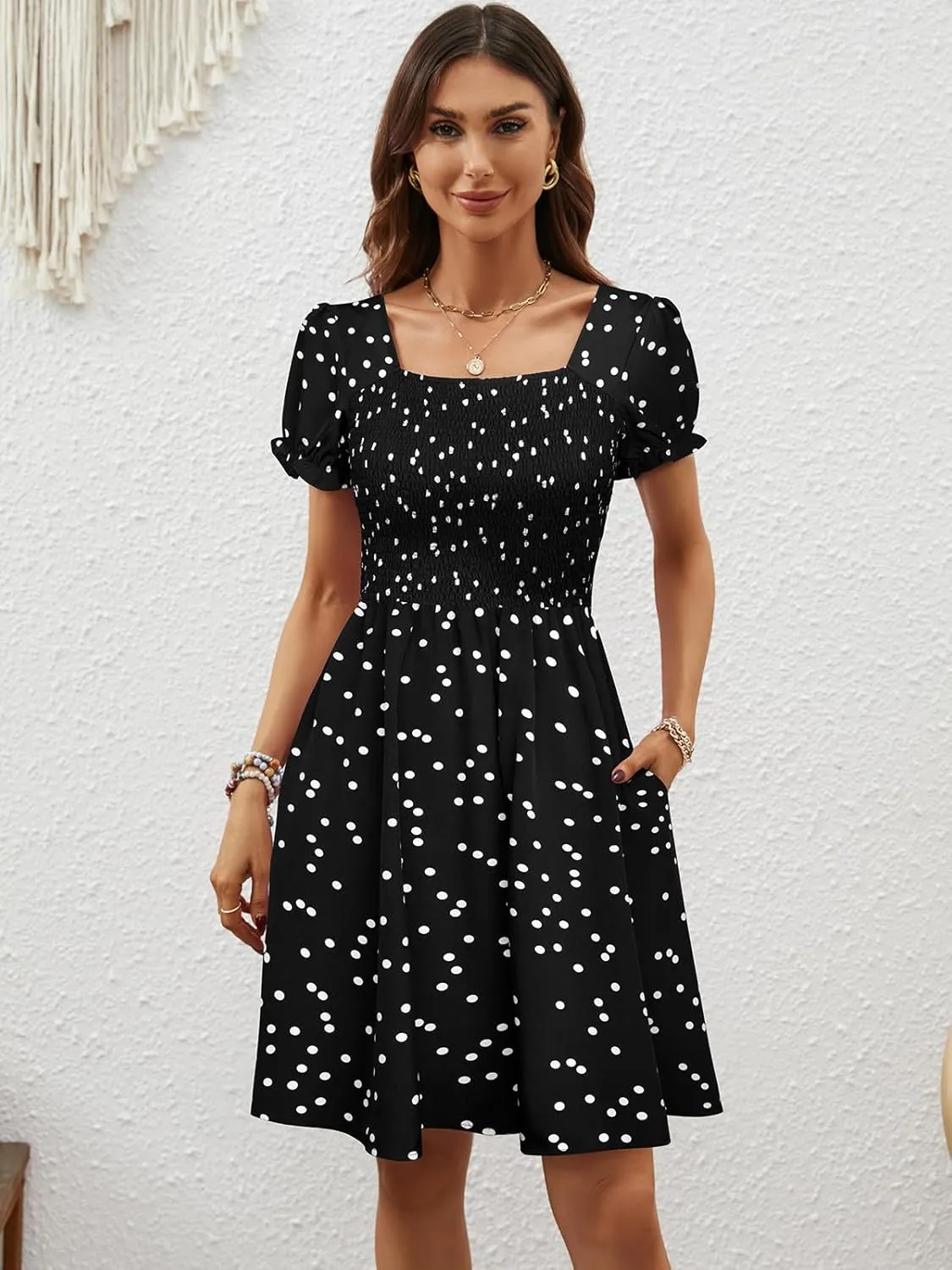 Berydress Women's Summer Dresses 2025 Pockets Short Sleeve Square Neck Flowy A Line Casual Boho Smocked Mini Sun Dress