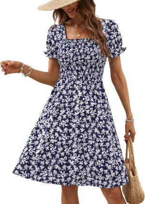 Berydress Women's Summer Dresses 2025 Pockets Short Sleeve Square Neck Flowy A Line Casual Boho Smocked Mini Sun Dress