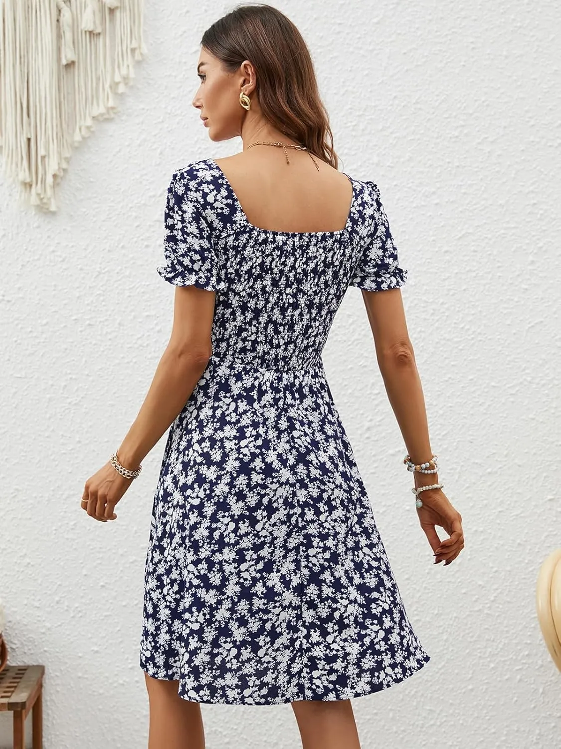 Berydress Women's Summer Dresses 2025 Pockets Short Sleeve Square Neck Flowy A Line Casual Boho Smocked Mini Sun Dress