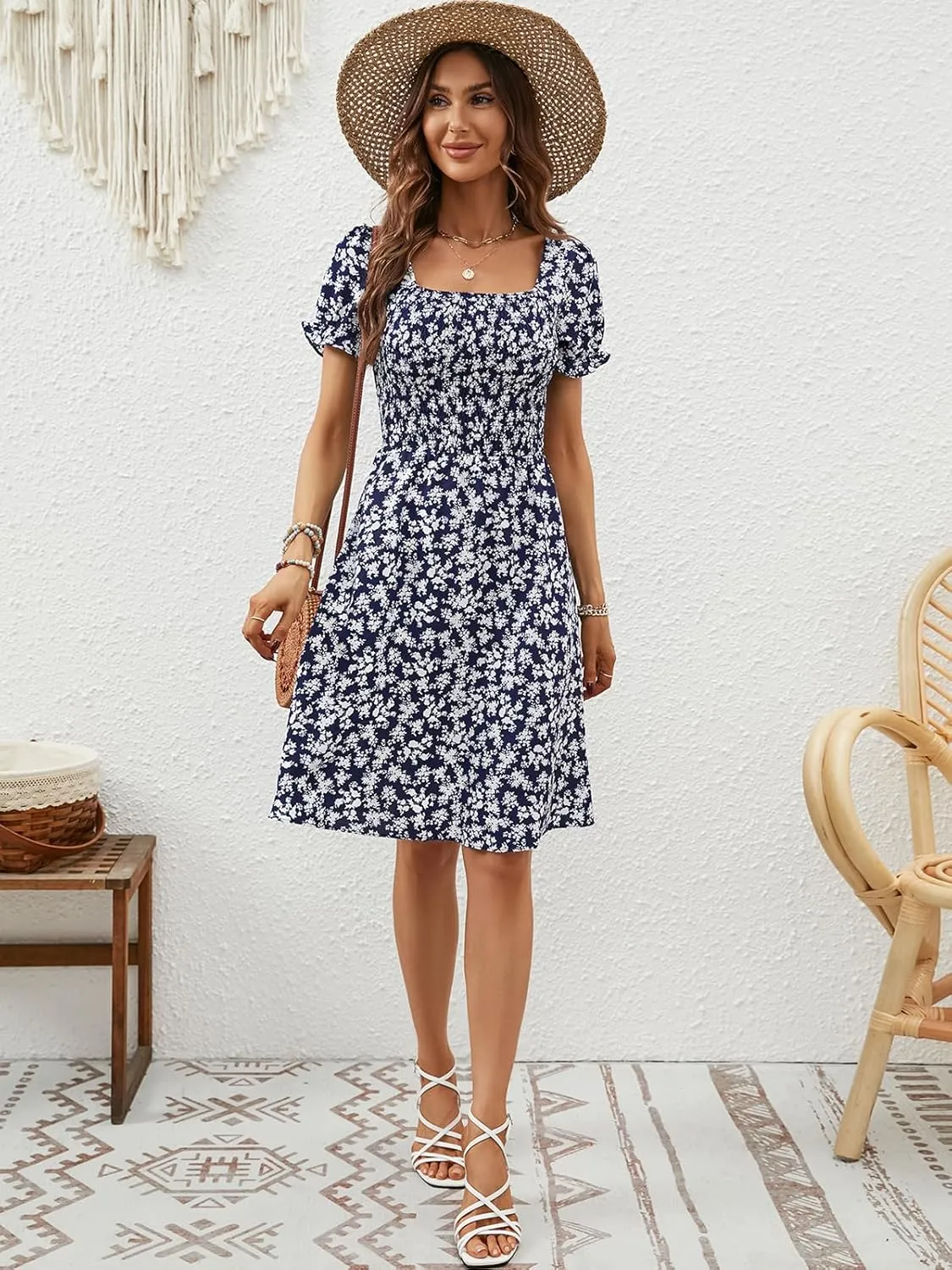 Berydress Women's Summer Dresses 2025 Pockets Short Sleeve Square Neck Flowy A Line Casual Boho Smocked Mini Sun Dress