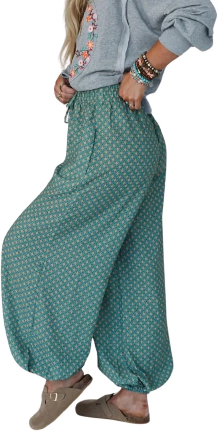Boho Wide Leg Pants for Women High Waisted Drawstring Joggers with Pockets Loose Lounge Pants