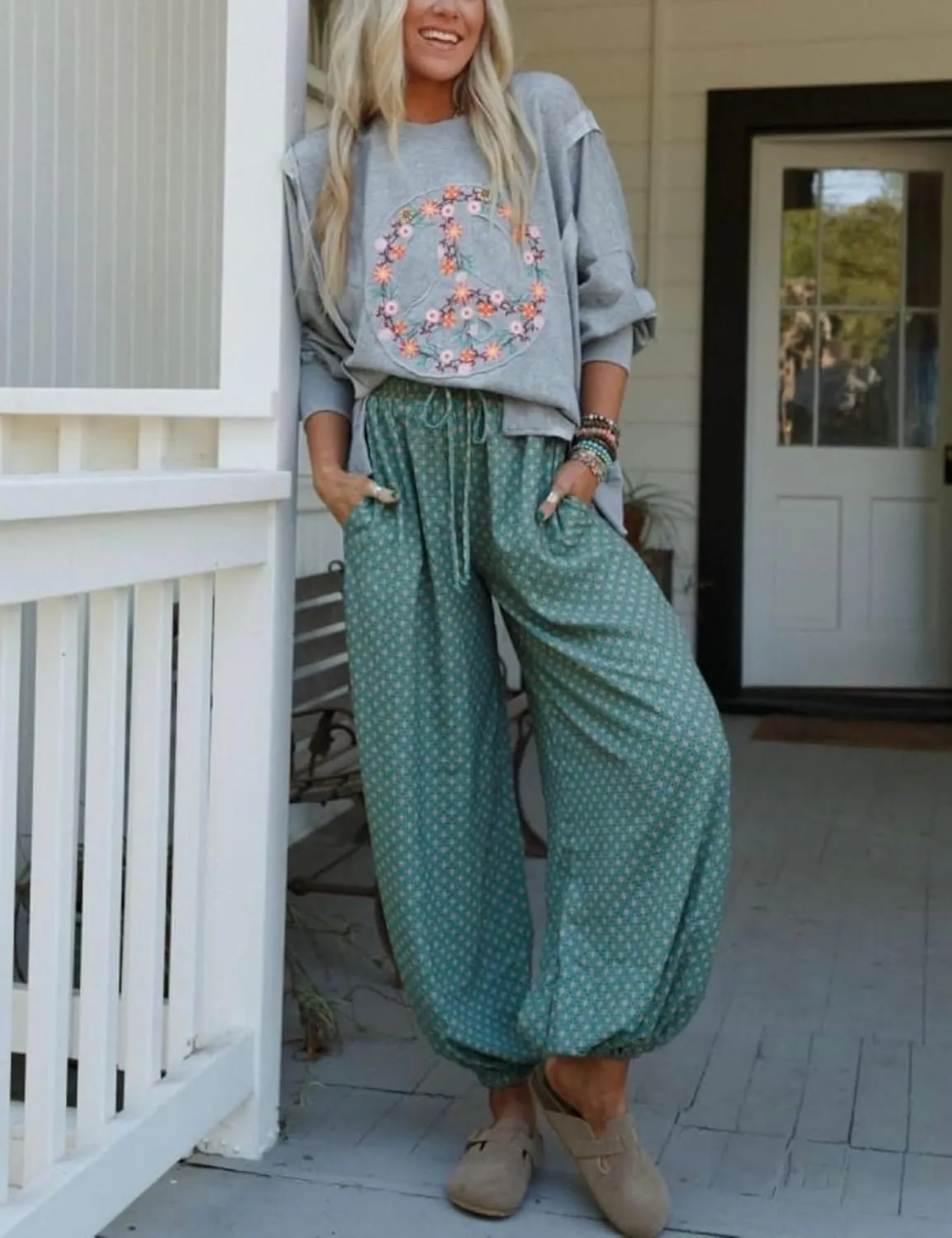 Boho Wide Leg Pants for Women High Waisted Drawstring Joggers with Pockets Loose Lounge Pants