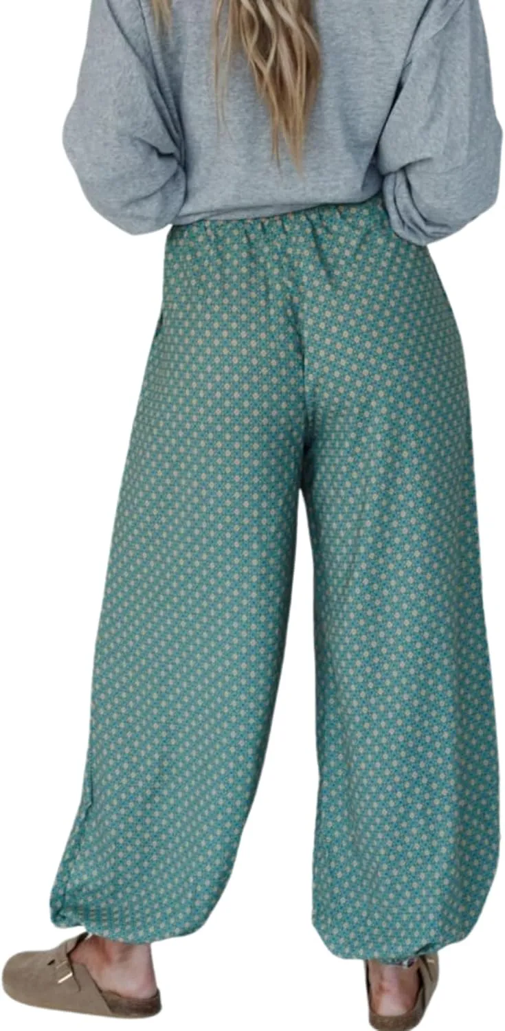 Boho Wide Leg Pants for Women High Waisted Drawstring Joggers with Pockets Loose Lounge Pants