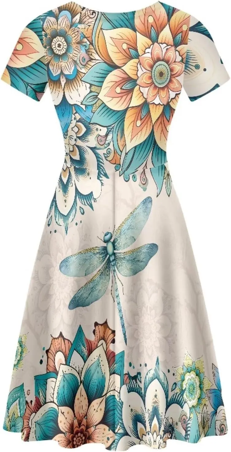 Buybai Summer Dresses for Women Crewneck Party Midi Dress Casual Short Sleeve Vacation Dresses