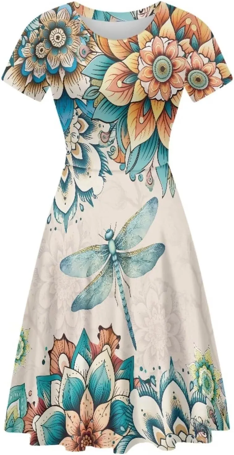Buybai Summer Dresses for Women Crewneck Party Midi Dress Casual Short Sleeve Vacation Dresses