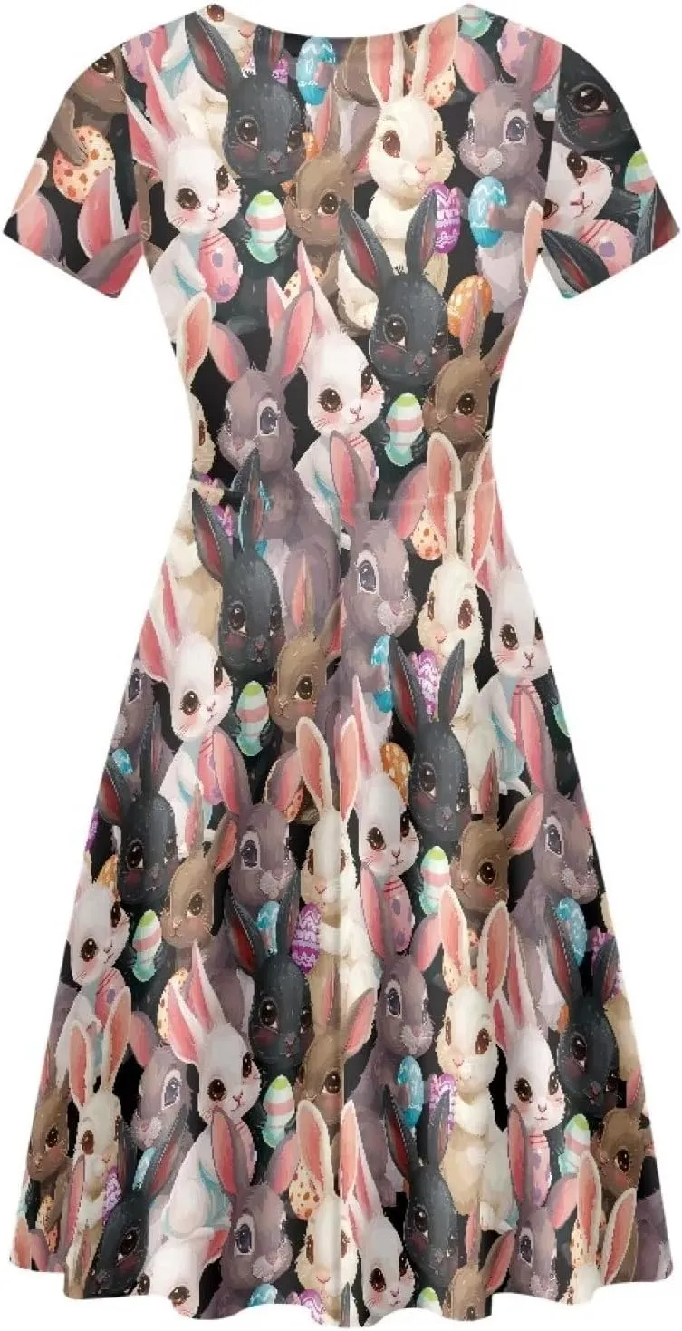 Buybai Summer Dresses for Women Crewneck Party Midi Dress Casual Short Sleeve Vacation Dresses