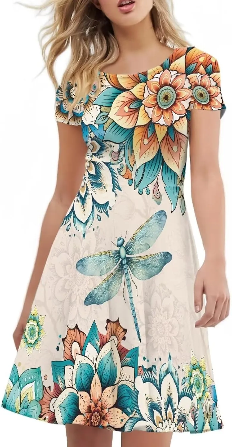 Buybai Summer Dresses for Women Crewneck Party Midi Dress Casual Short Sleeve Vacation Dresses