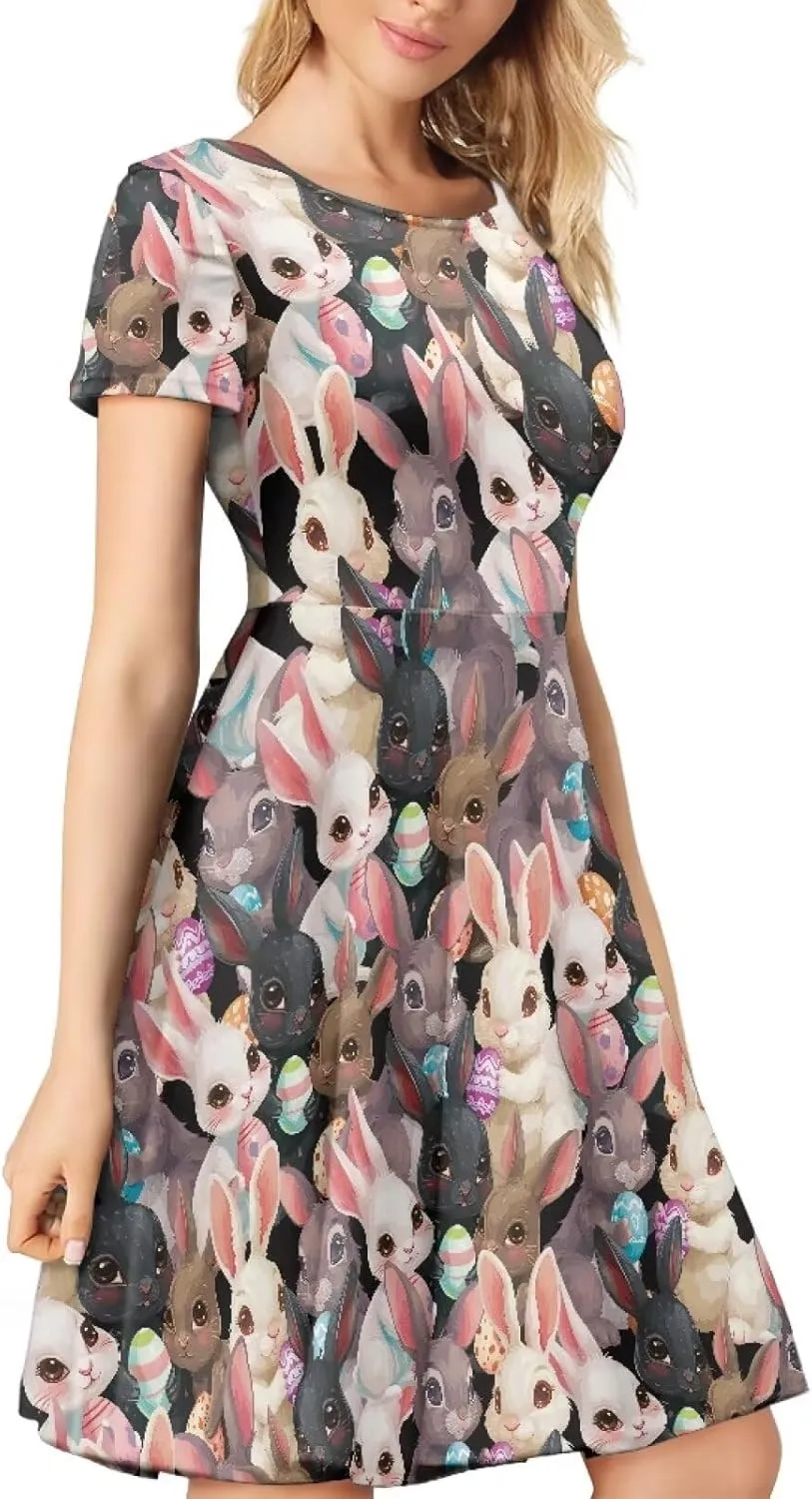 Buybai Summer Dresses for Women Crewneck Party Midi Dress Casual Short Sleeve Vacation Dresses