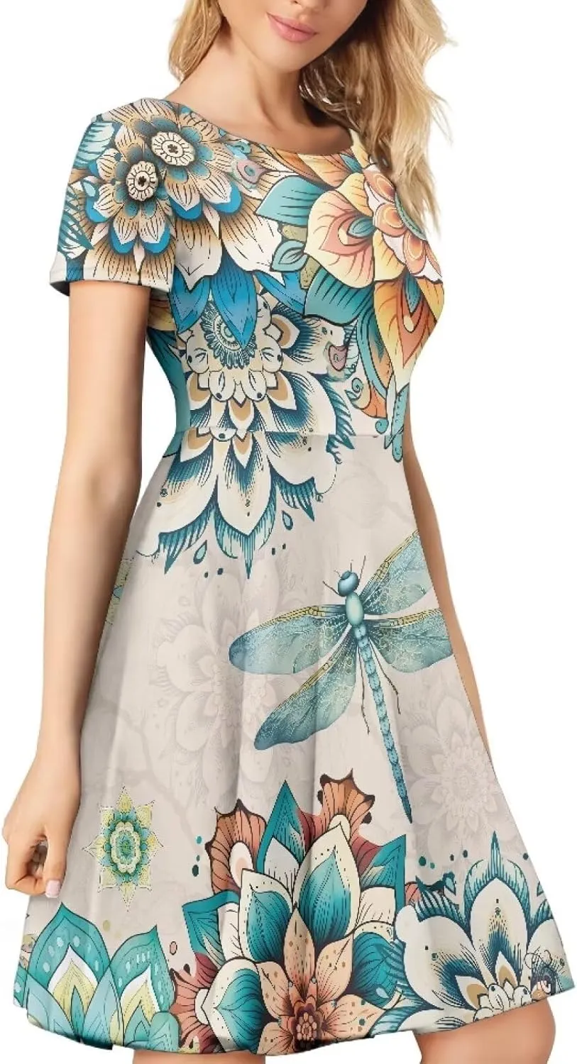 Buybai Summer Dresses for Women Crewneck Party Midi Dress Casual Short Sleeve Vacation Dresses