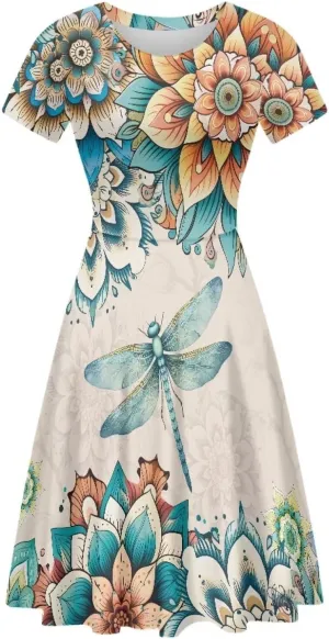Buybai Summer Dresses for Women Crewneck Party Midi Dress Casual Short Sleeve Vacation Dresses