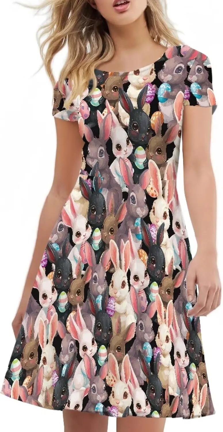 Buybai Summer Dresses for Women Crewneck Party Midi Dress Casual Short Sleeve Vacation Dresses